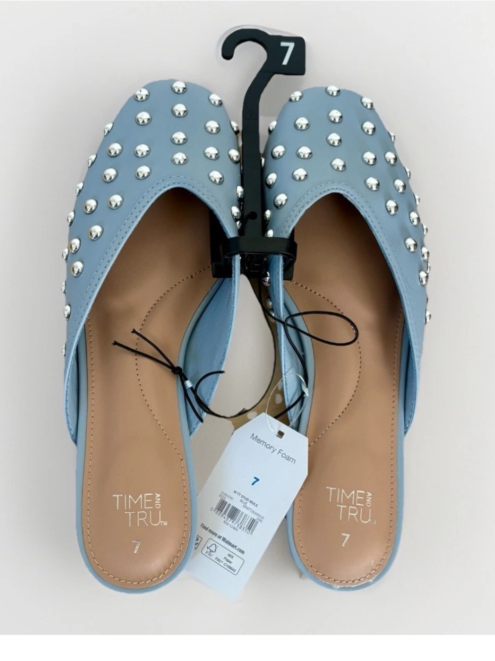 Studded Mule Flats LT BLUE Faux LTR Slip-on Almond Clog Comfort Slide WMNS 7 NWT
